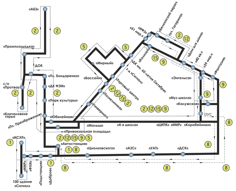 Схема городских автобусных маршрутов Обнинска